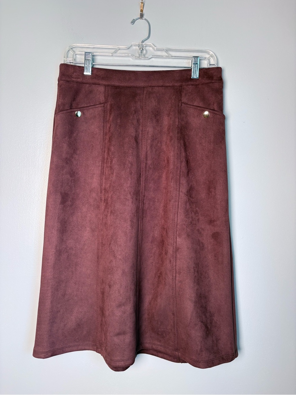 NWT Croft & Barrow Faux Suede Midi A-Line Skirt Chocolate Brown Gold Snap Pocket